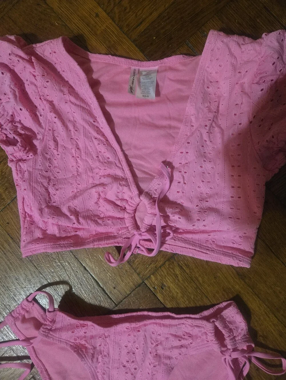 Pink Eyelet Tie-Front Bikini Set Crop Top Celebrity Pink